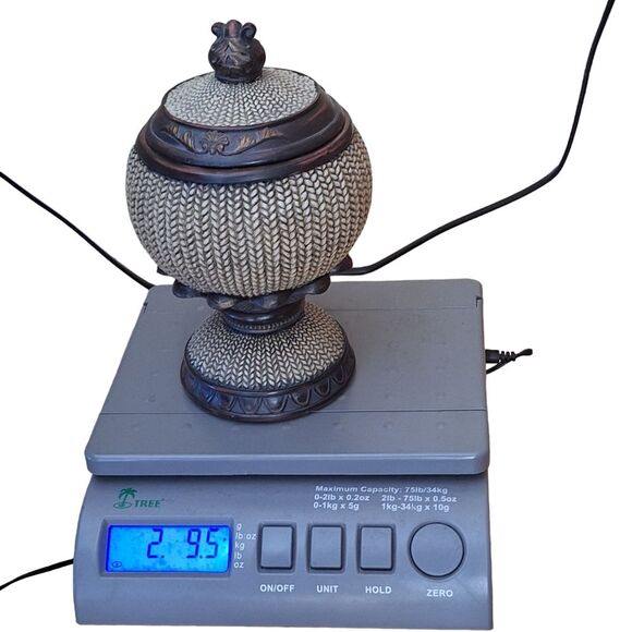 Ornate Lidded Jar Pedestal Spherical Finial Heavy Carved Woven Resin Urn Decor - Picture 15 of 16